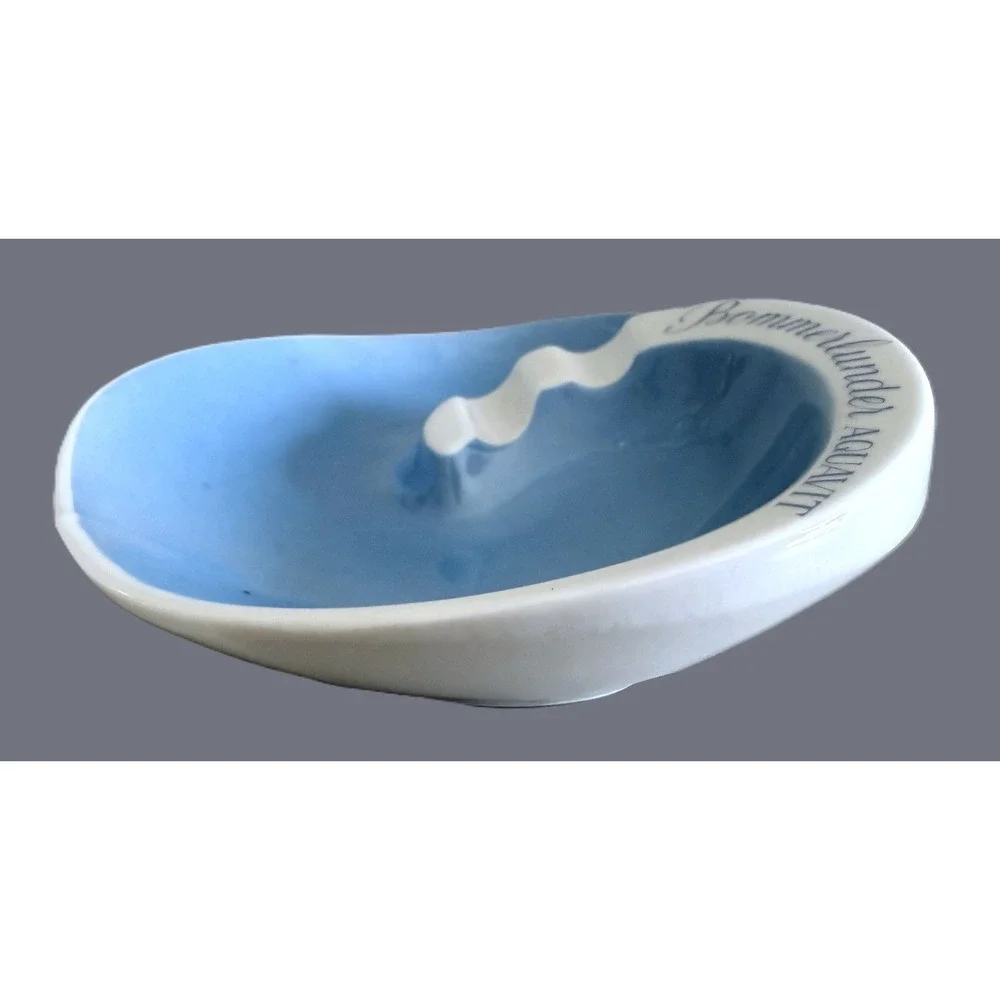 Bommerlunder Aquavit Bavaria Ceramic Ashtray Vintage Barware Blue White Freeform
